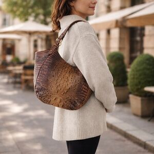 Brahmin Jacqueline Pecan Melbourne Croc Embossed Leather Shoulder Bag Large Hobo